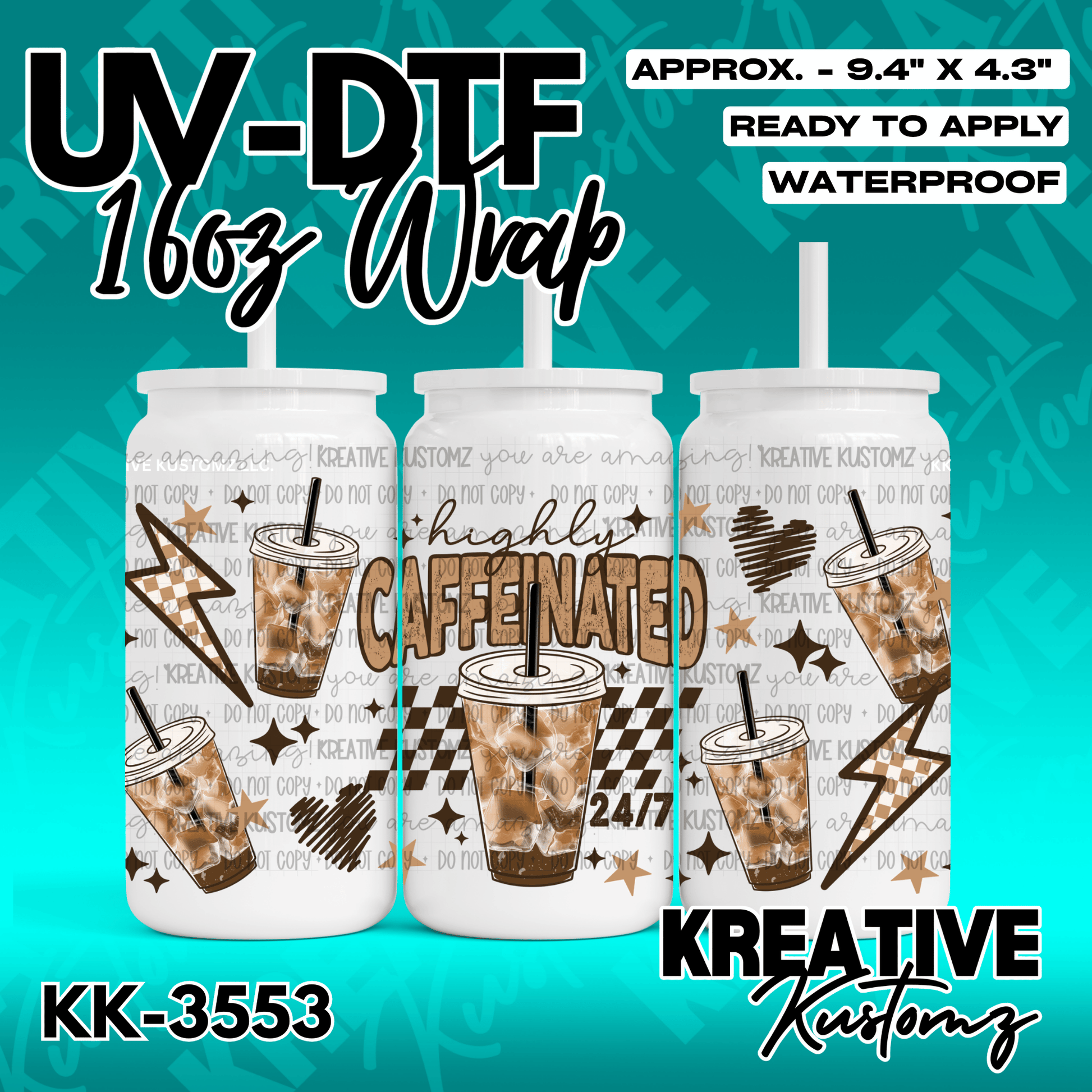 A UV DTF adhesive wrap for 16oz glass cans featuring coffee-themed graphics and text.