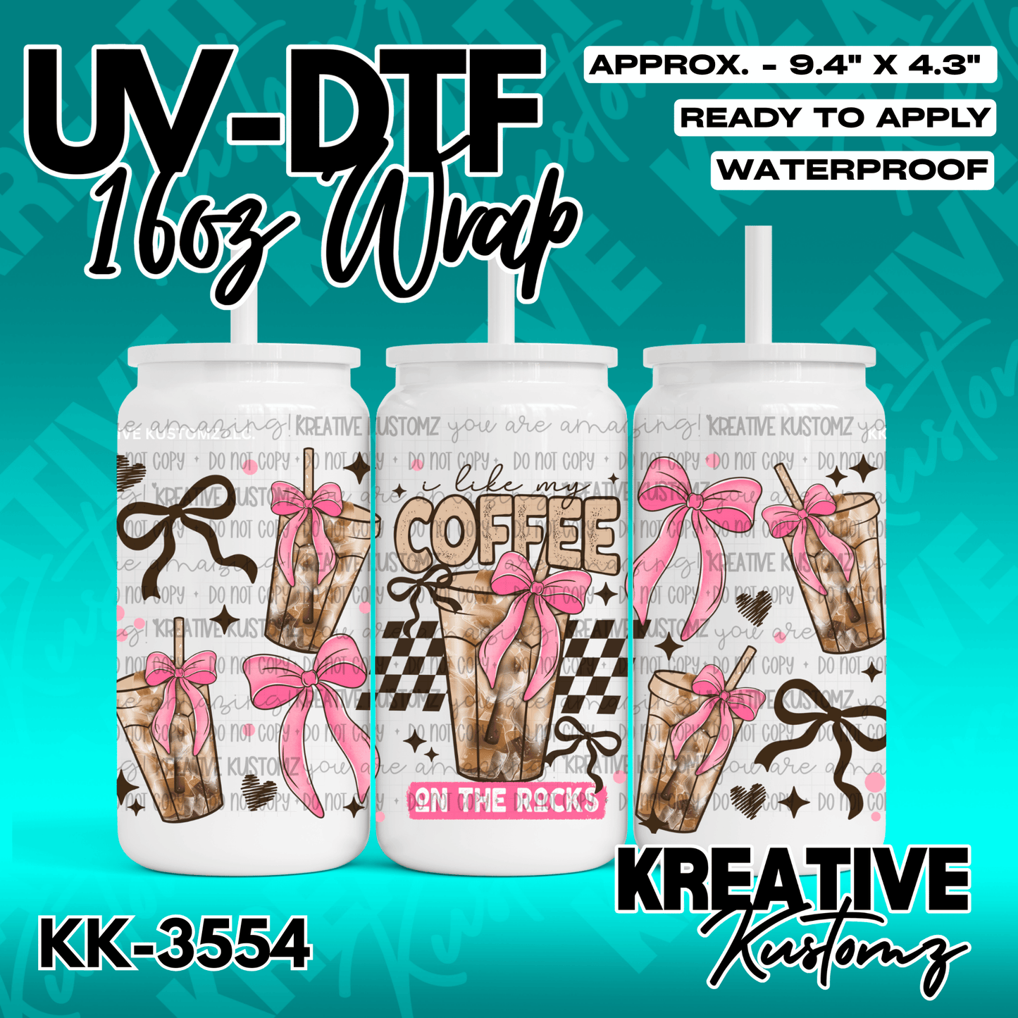 A coffee-themed UV DTF cup wrap featuring iced coffee glasses, pink bows, and checkered patterns.
