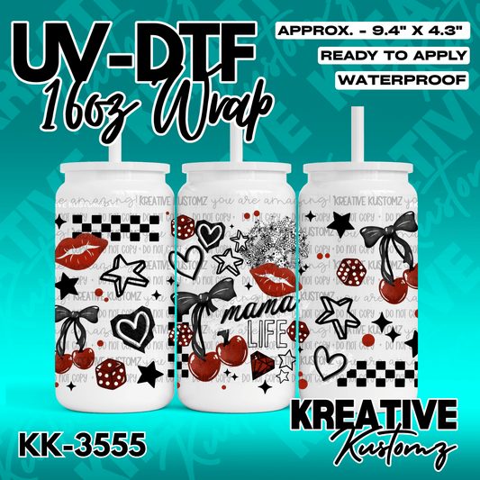 A 16oz glass can wrap featuring a black and red pattern of hearts, cherries, dice, and bows.