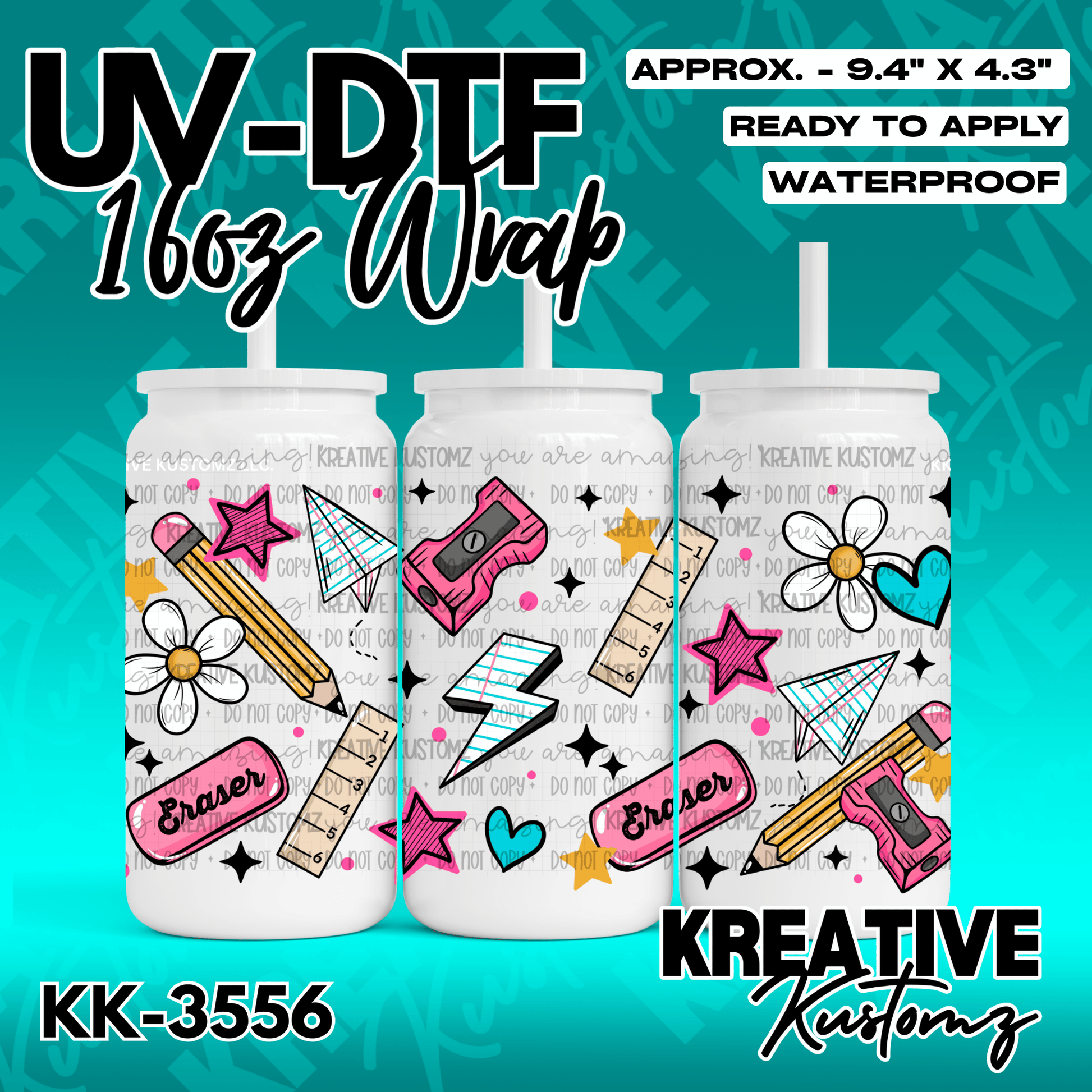A school-themed UV DTF wrap for a 16oz glass cup featuring pencils, rulers, and paper airplanes.