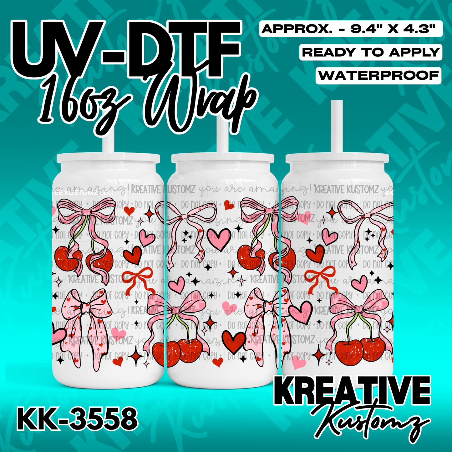 A UV DTF cup wrap featuring a pattern of pink bows, red cherries, and hearts on a clear background.