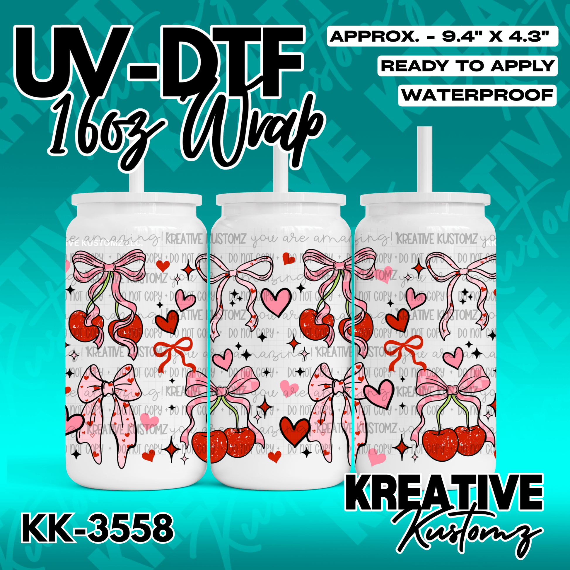 A UV DTF cup wrap featuring a pattern of pink bows, red cherries, and hearts on a clear background.