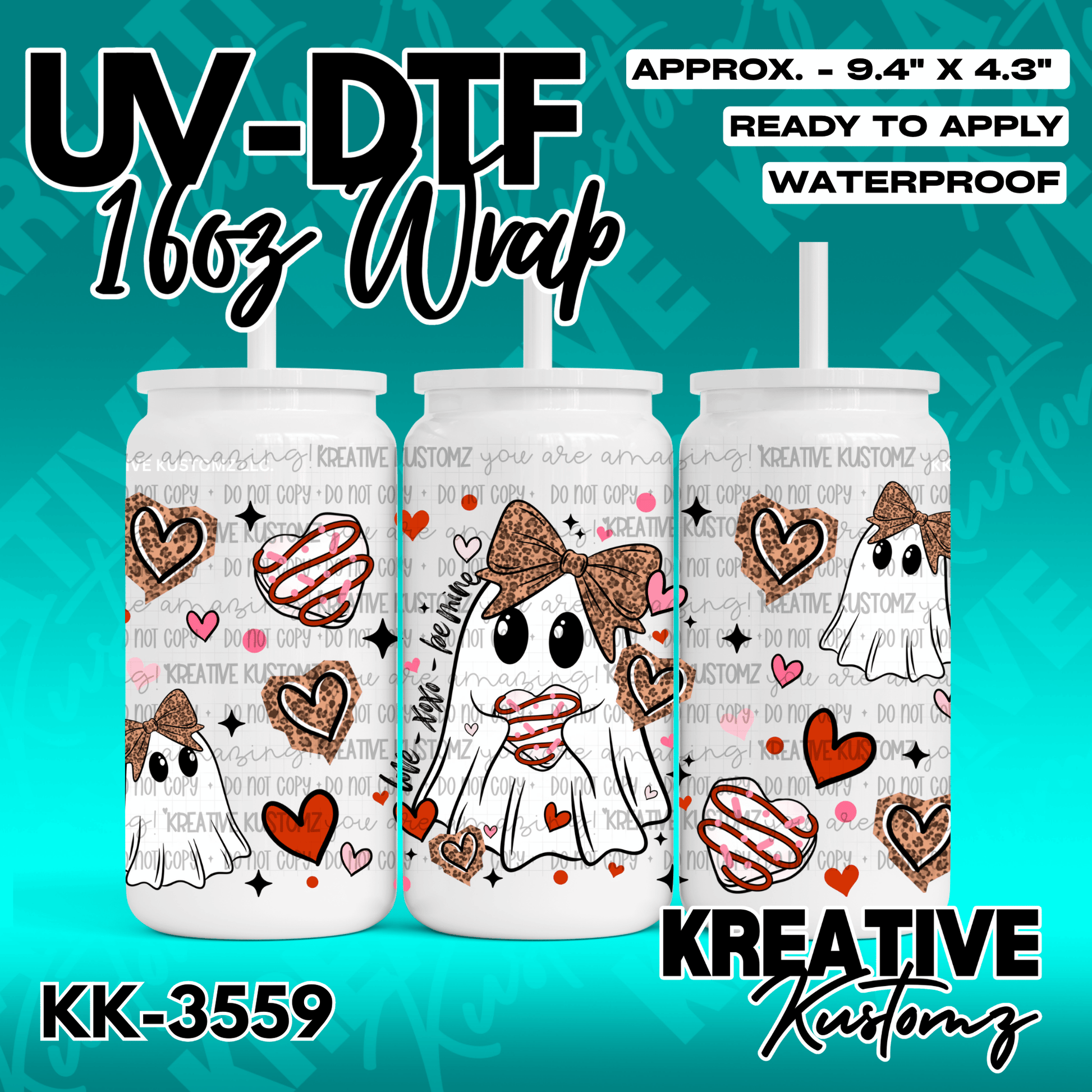 A UV DTF adhesive wrap for 16oz glass cans featuring a Valentine ghost and heart pattern.
