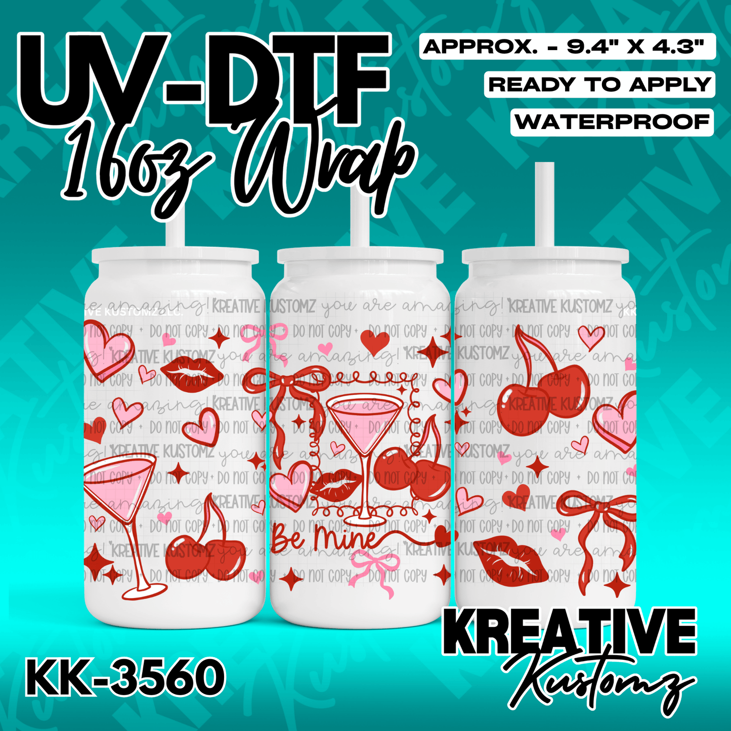 A UV DTF adhesive wrap for 16oz glass cans featuring a red Valentine theme with hearts and cherries.