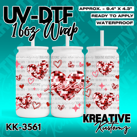 A UV DTF cup wrap featuring red and white checkered hearts and the word xoxo on a white background.