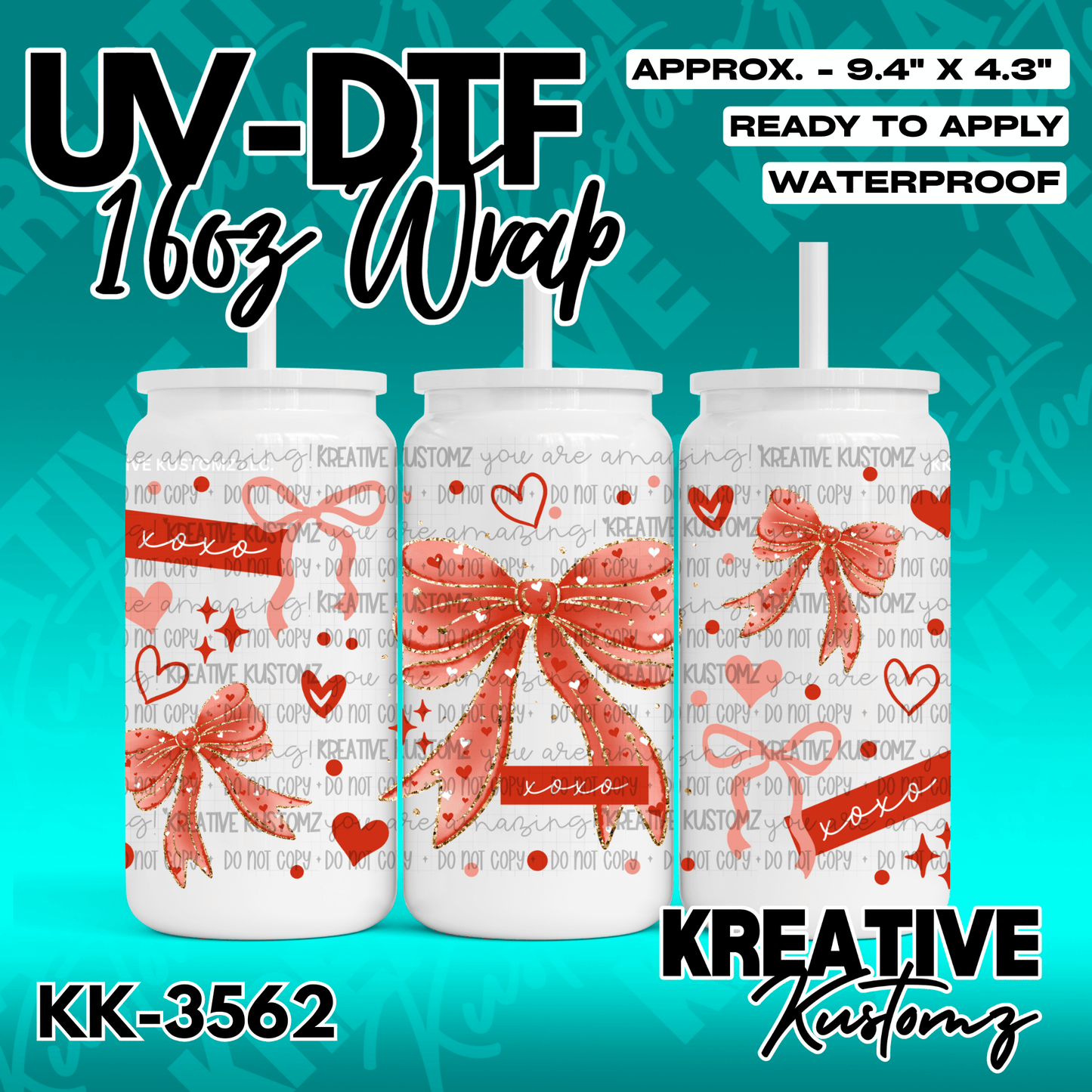 A UV DTF cup wrap featuring a red bow and heart pattern for a 16oz glass can.