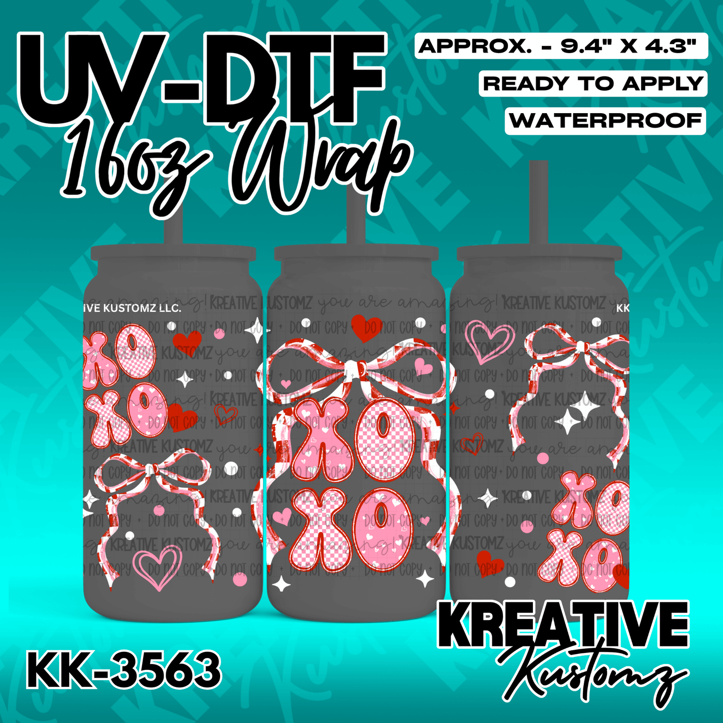 A Valentine themed UV DTF adhesive wrap featuring red and pink XOXO text and bows for glass cups.