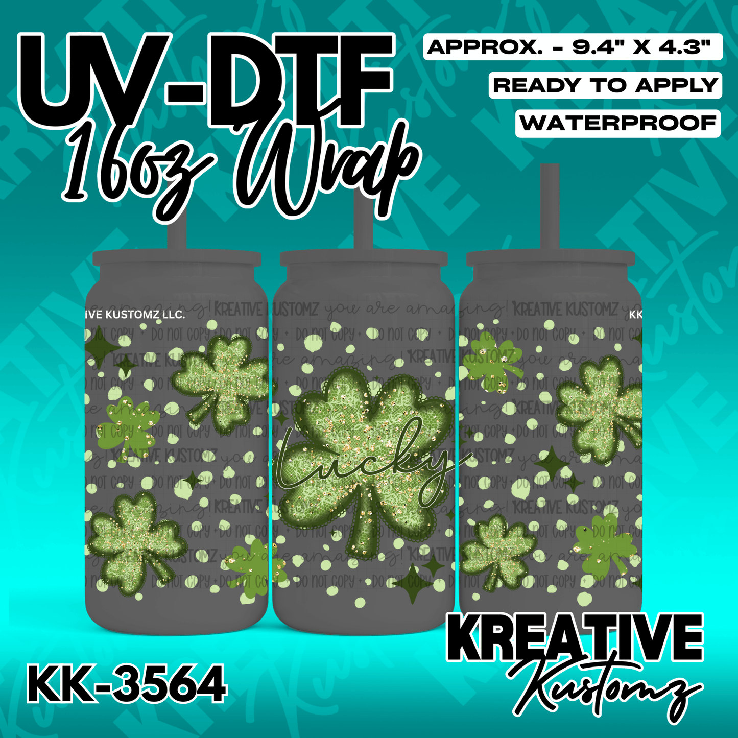 A green shamrock themed UV DTF adhesive wrap for a 16oz glass can.