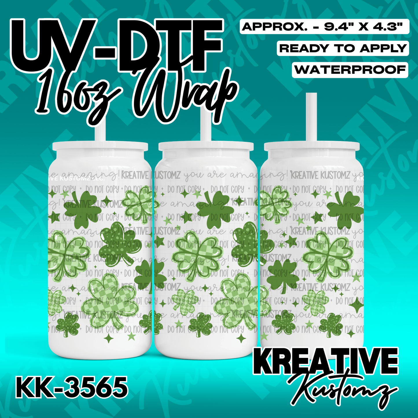 A UV DTF adhesive cup wrap featuring a green shamrock pattern for a 16oz glass can.