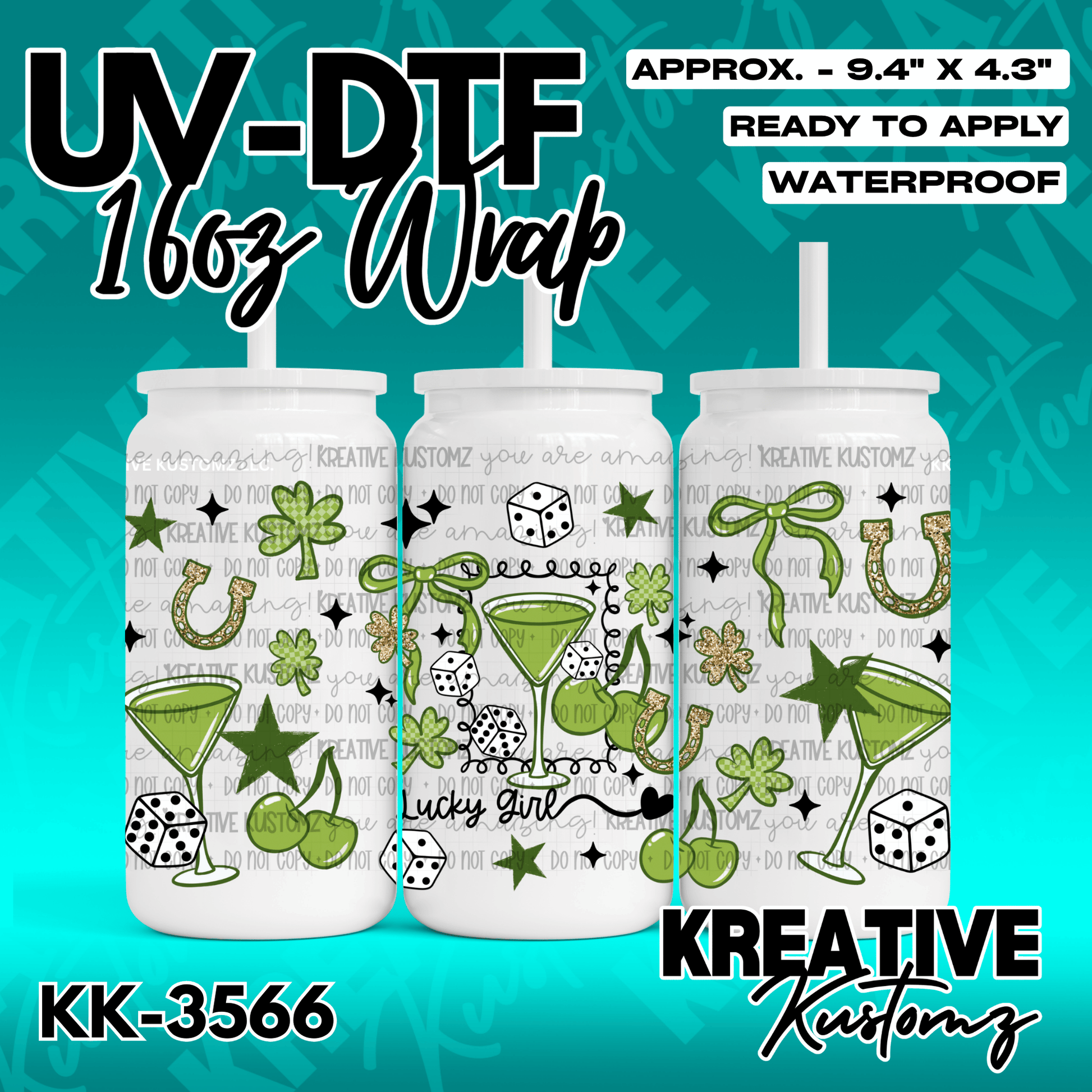A green and white lucky themed UV DTF wrap for a 16oz glass can featuring dice and clovers.