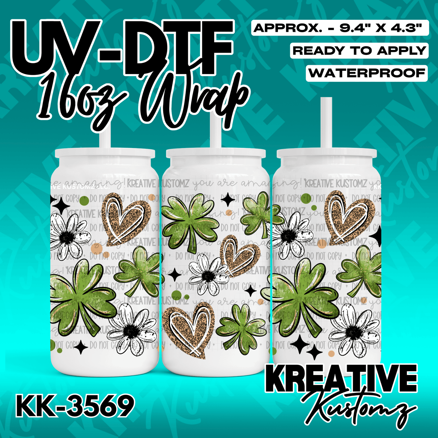 A UV DTF adhesive wrap featuring green shamrocks, leopard print hearts, and white flowers.