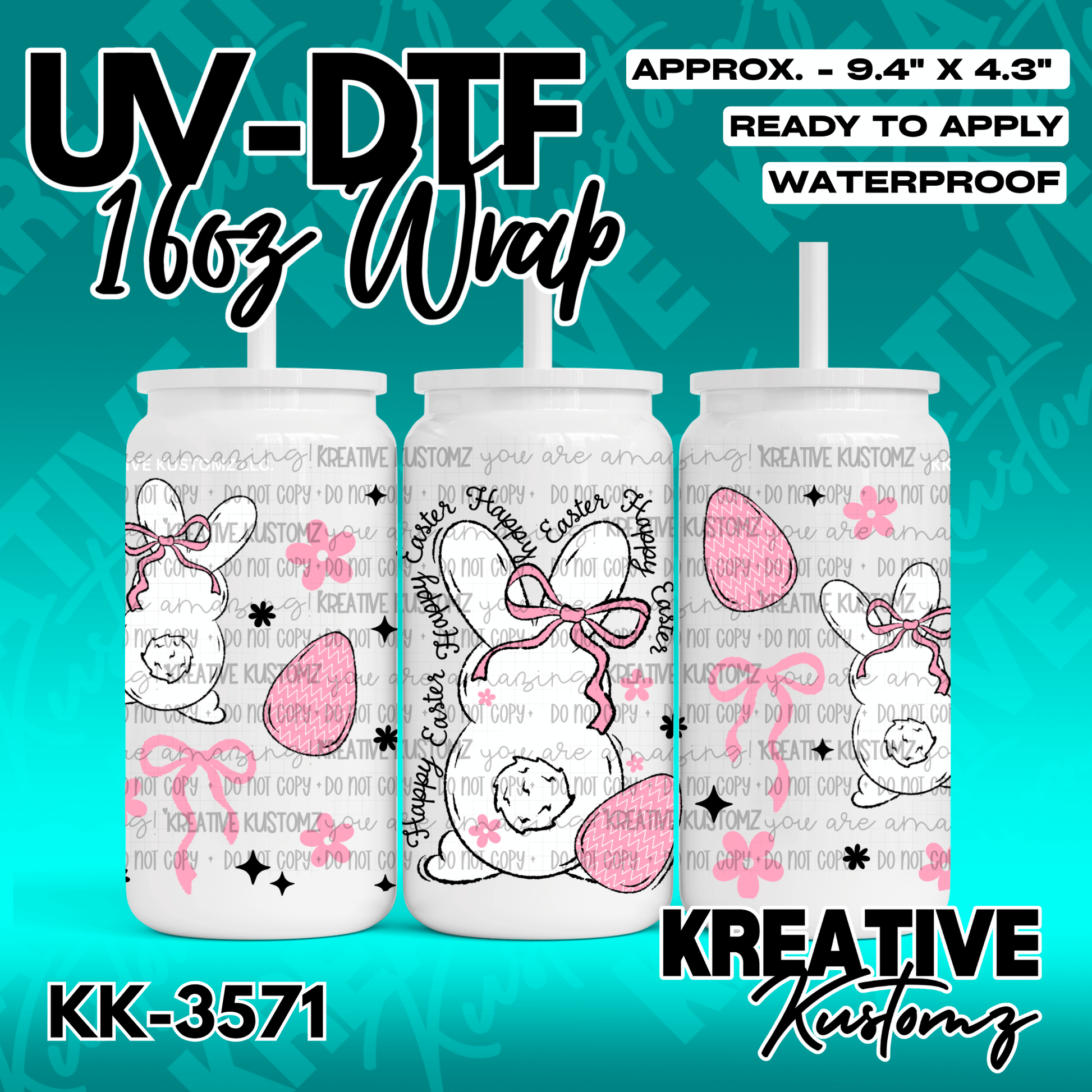 A 16oz glass can wrap featuring a pink and white Easter bunny design with flowers and eggs.