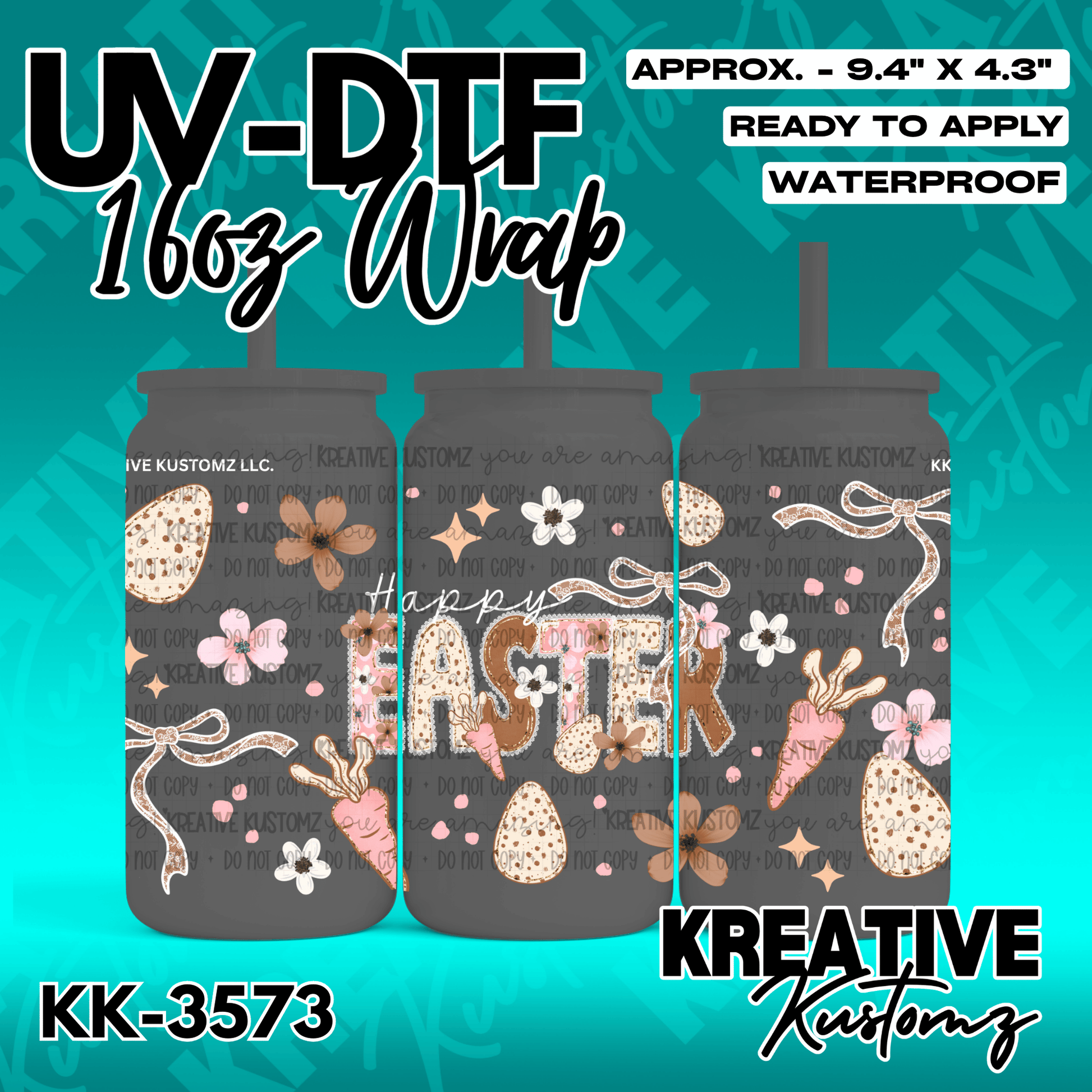 A waterproof UV DTF adhesive wrap for 16oz glass cans featuring a decorative Easter theme.