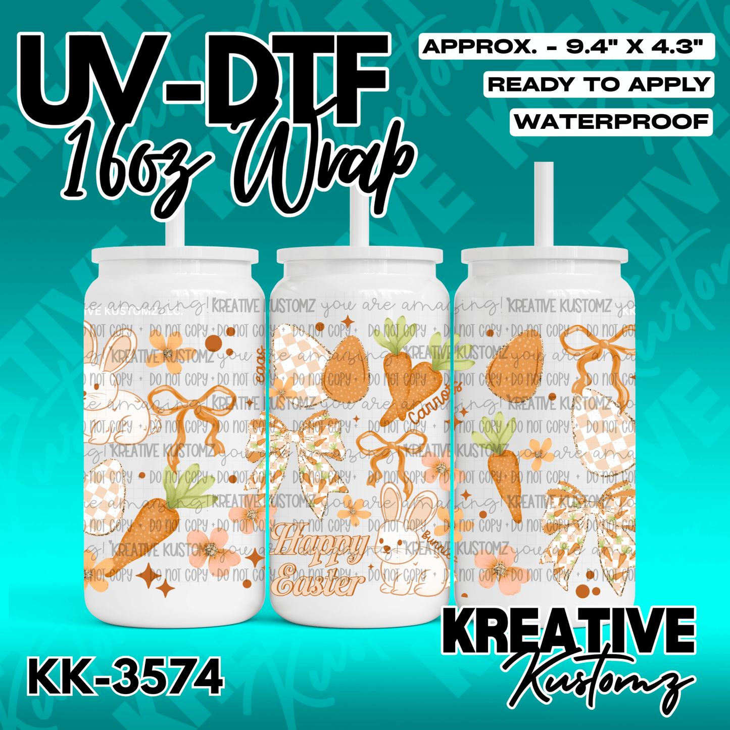 An Easter themed UV DTF cup wrap featuring bunnies, carrots, and bows on a 16oz glass can.