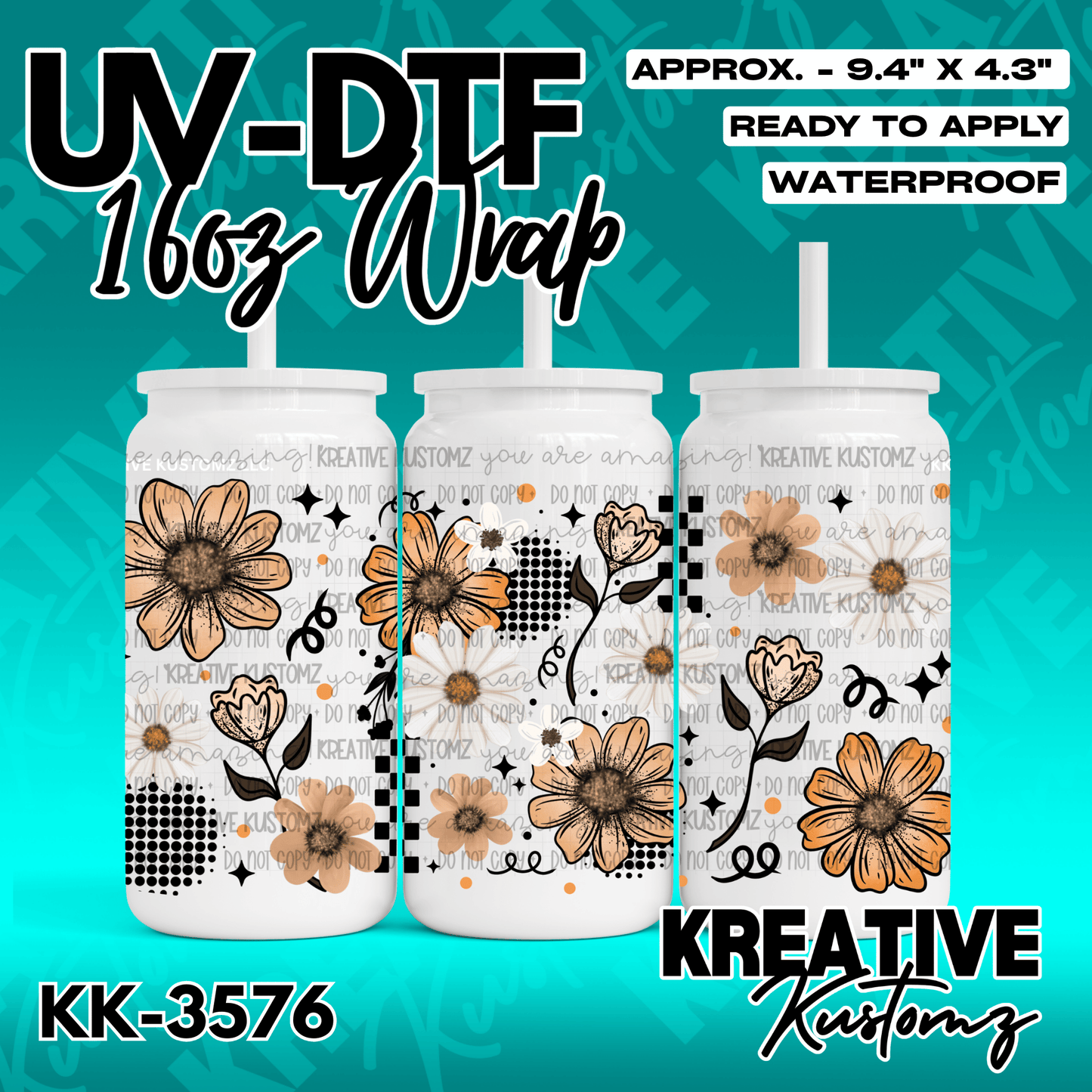A floral UV DTF adhesive wrap for a 16oz glass can featuring orange flowers and black patterns.