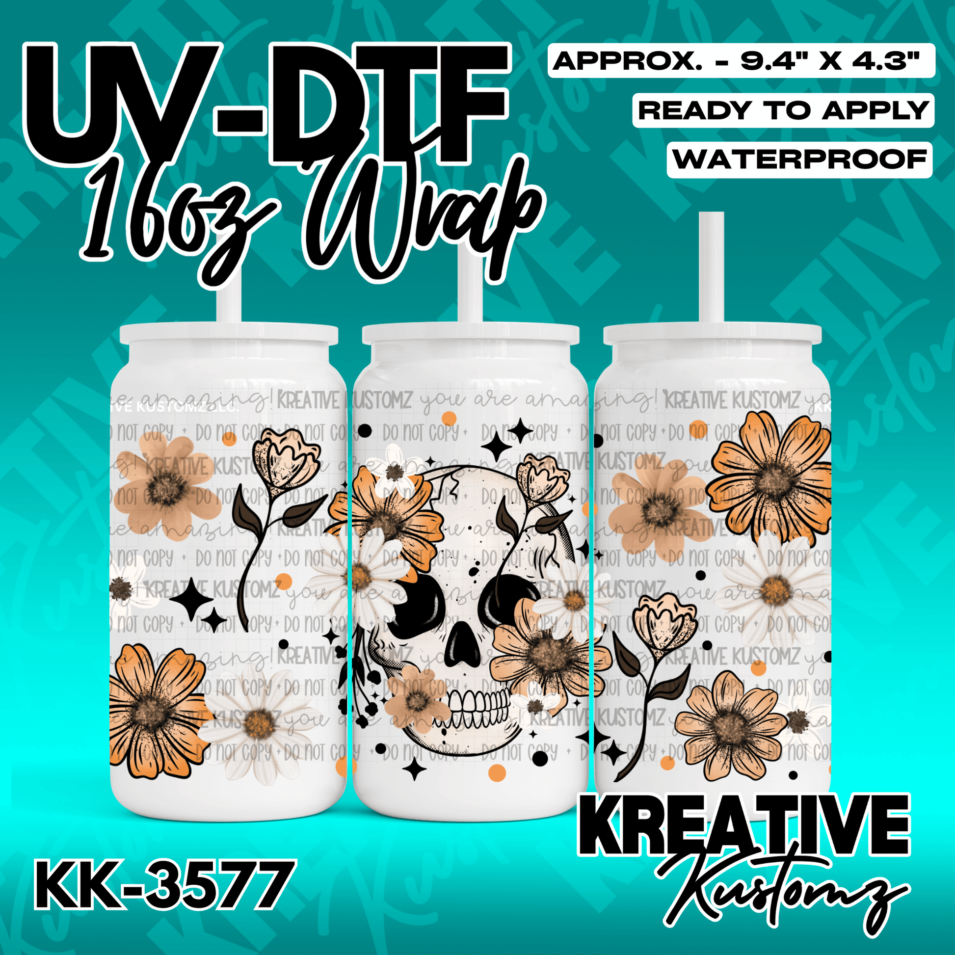 A floral skull design UV DTF adhesive wrap for a 16oz glass cup.