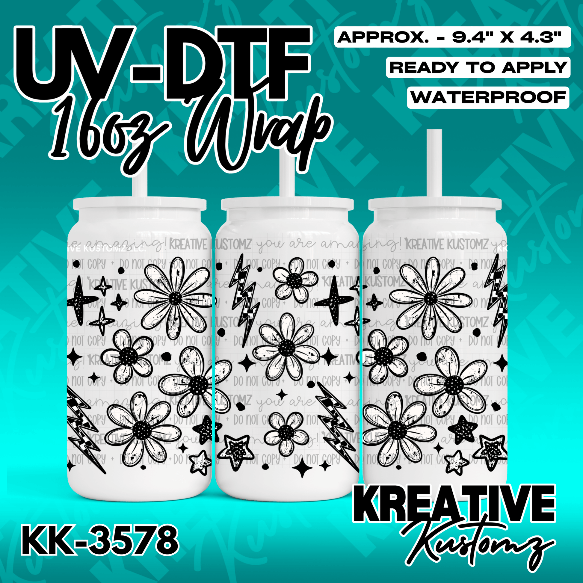 A black and white floral and lightning bolt pattern UV DTF adhesive wrap for a glass cup.