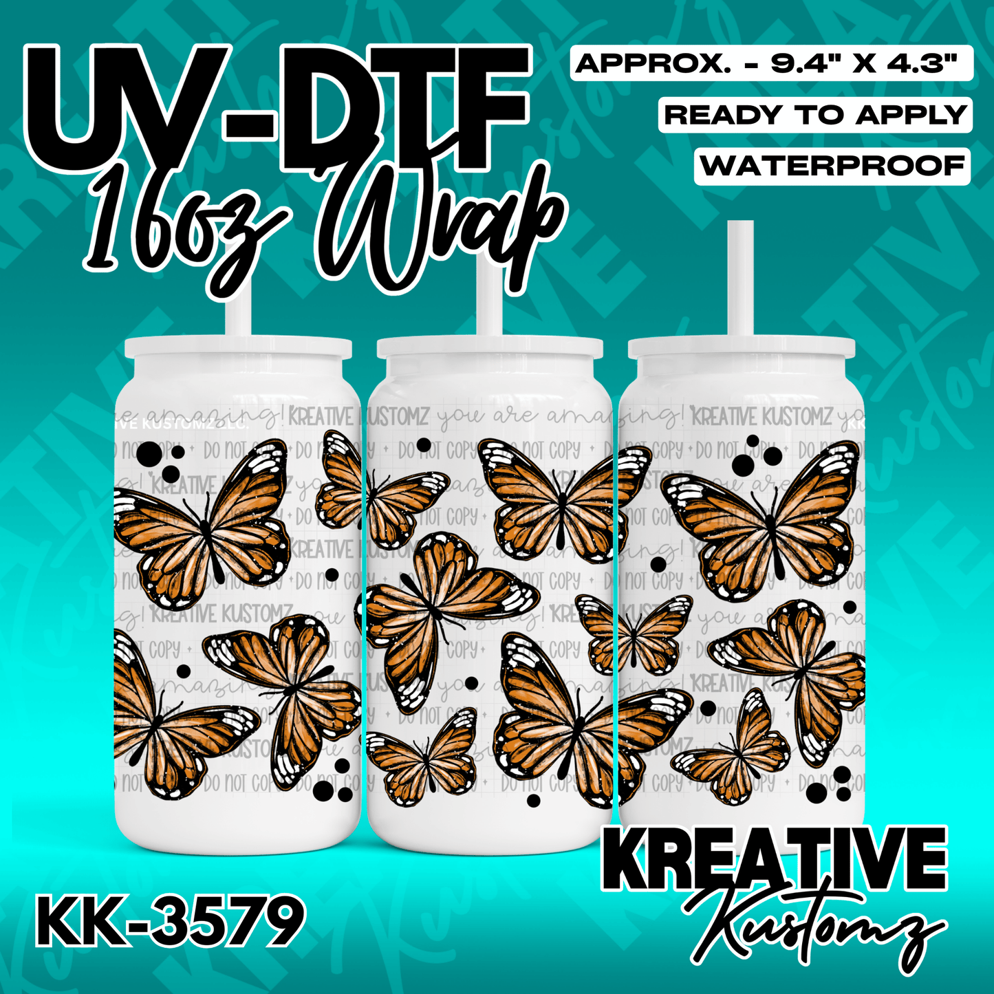 A UV DTF decal wrap for a 16oz glass can featuring a pattern of orange monarch butterflies.