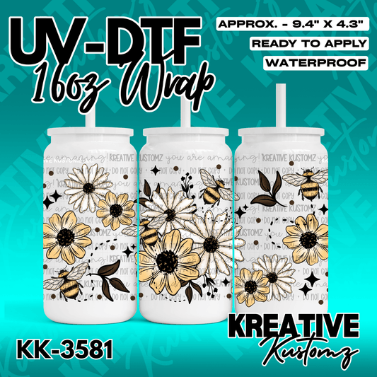 A UV DTF adhesive wrap for 16oz glass cans featuring a floral and bee pattern.