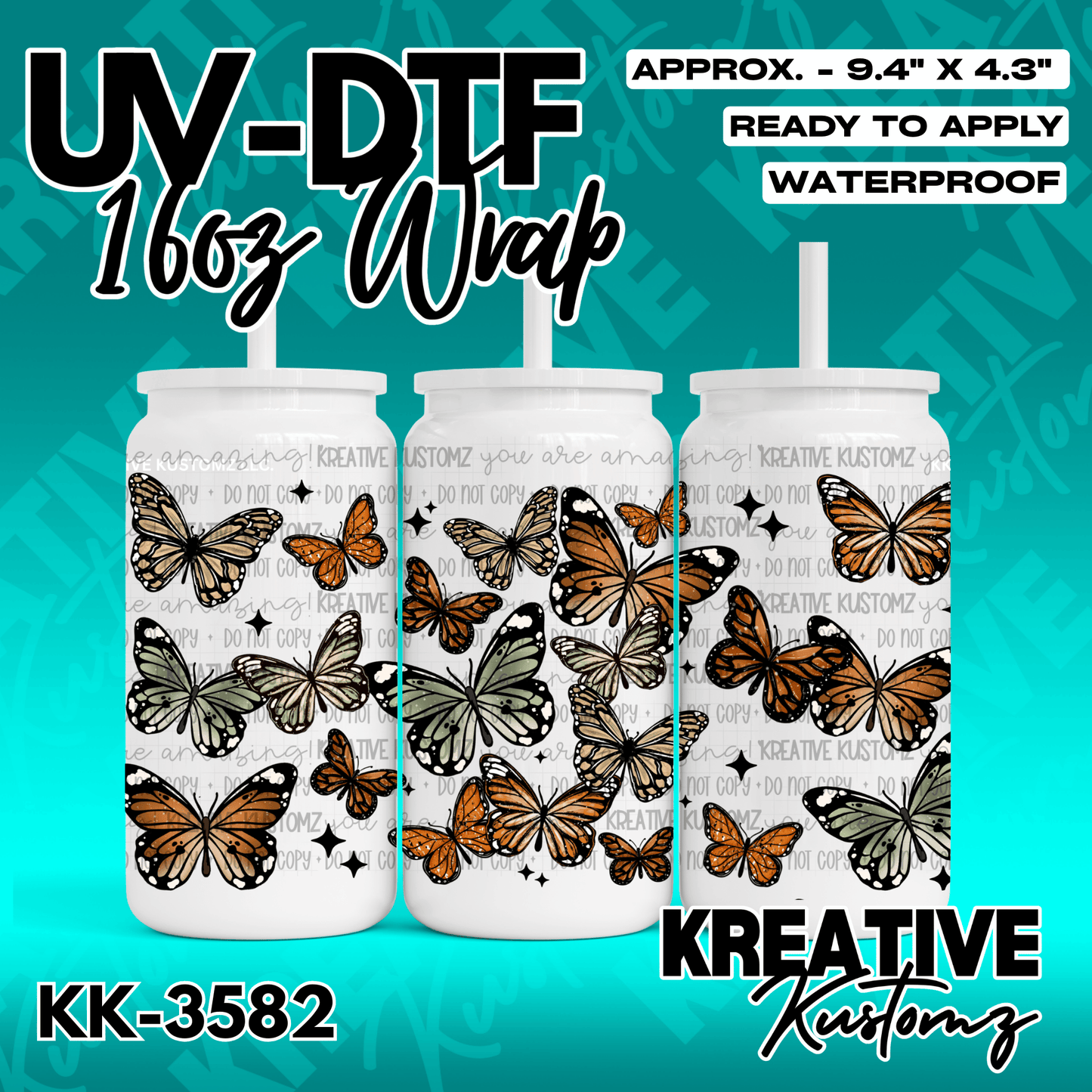 A UV DTF adhesive wrap for 16oz glass cans featuring a pattern of orange and green butterflies.