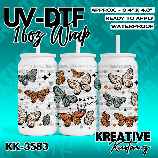 A waterproof UV DTF adhesive wrap for 16oz glass cans featuring a butterfly and floral pattern.