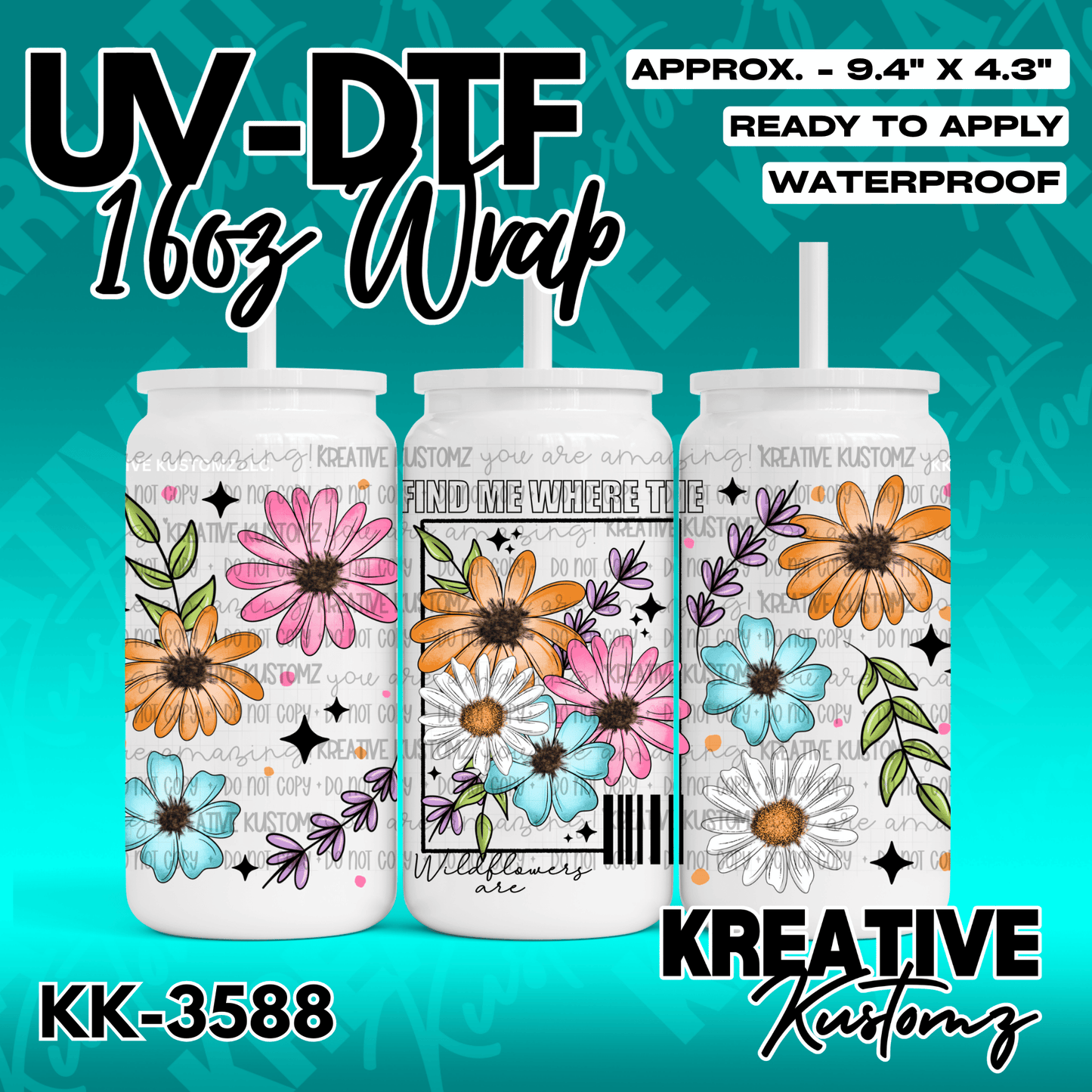 A floral UV DTF adhesive wrap for a 16oz glass cup featuring colorful daisy illustrations.