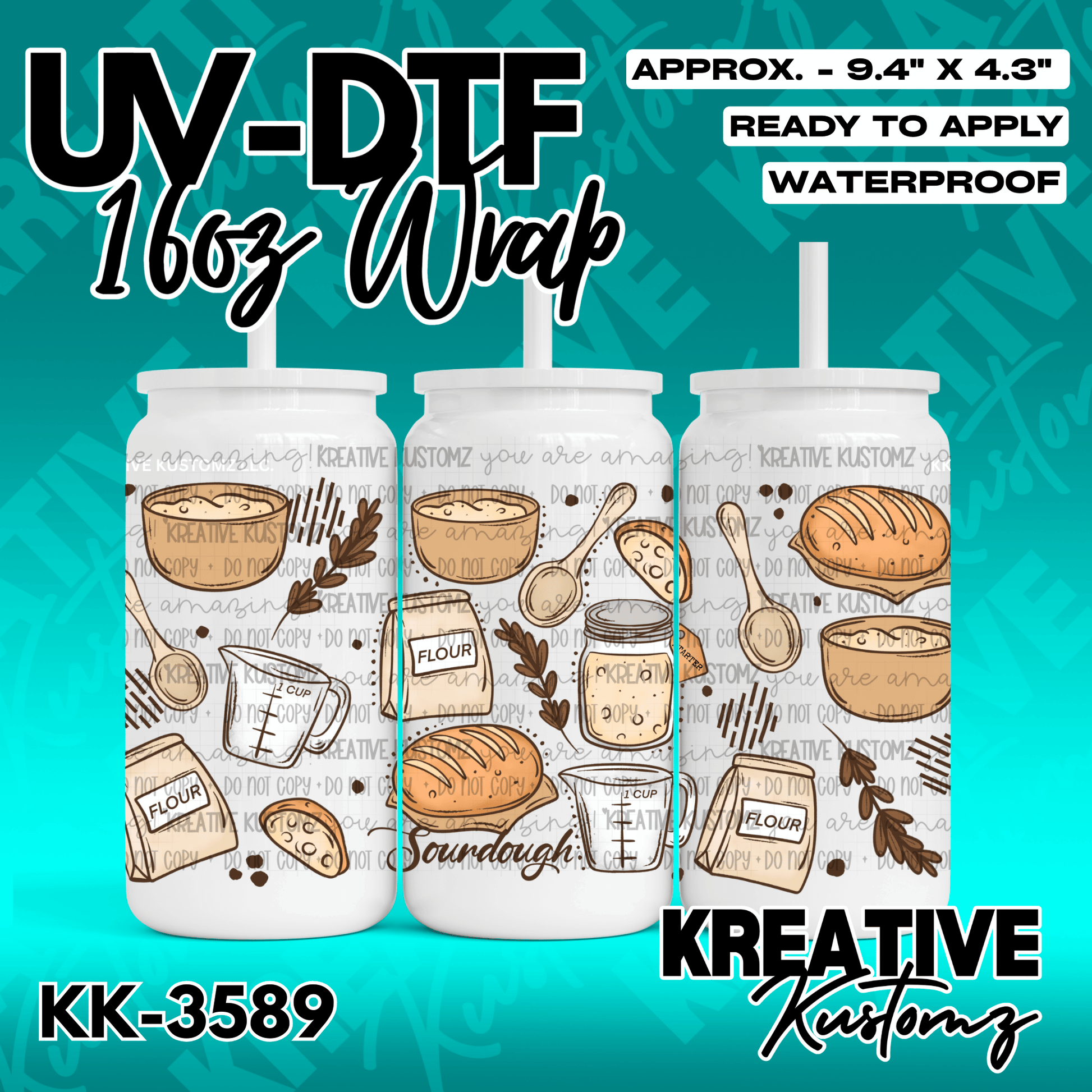A baking themed UV DTF adhesive wrap for a 16oz glass cup featuring sourdough and flour motifs.