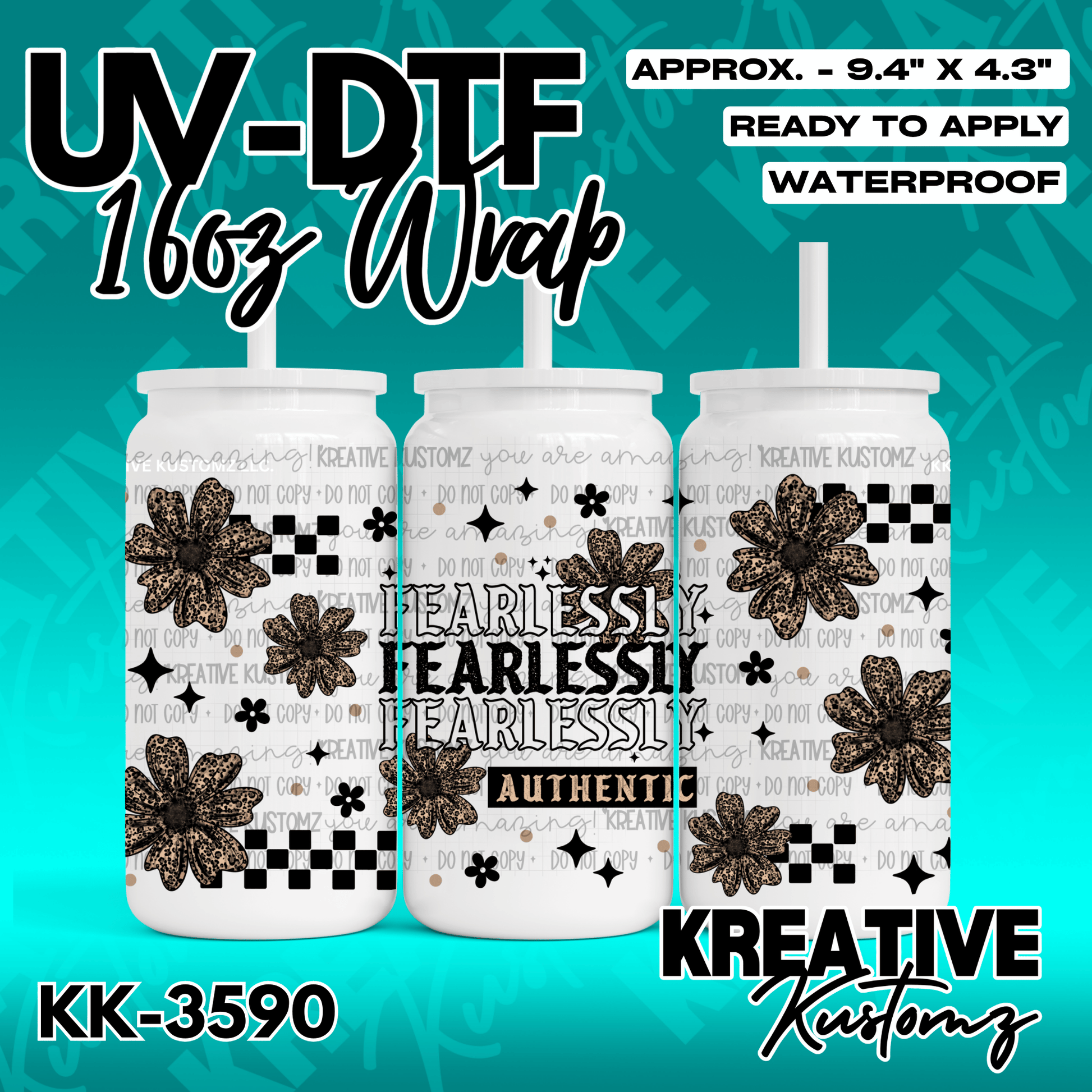 A floral UV DTF adhesive wrap for 16oz glass cans featuring leopard print flowers and text.