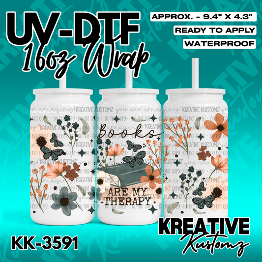A floral and butterfly themed UV DTF cup wrap featuring the text Books Are My Therapy.