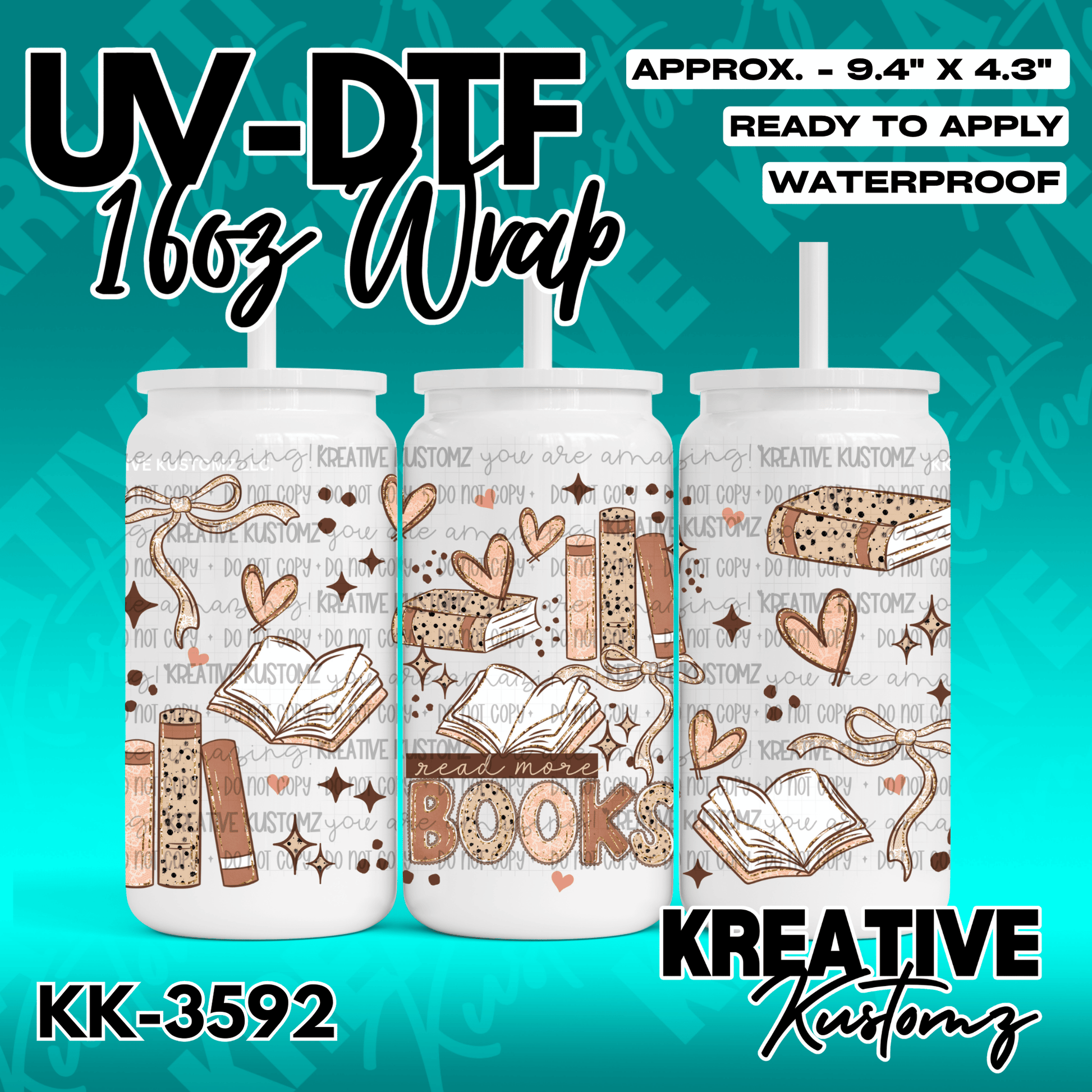 A book-themed UV DTF adhesive wrap for 16oz glass cans featuring illustrations of books and bows.