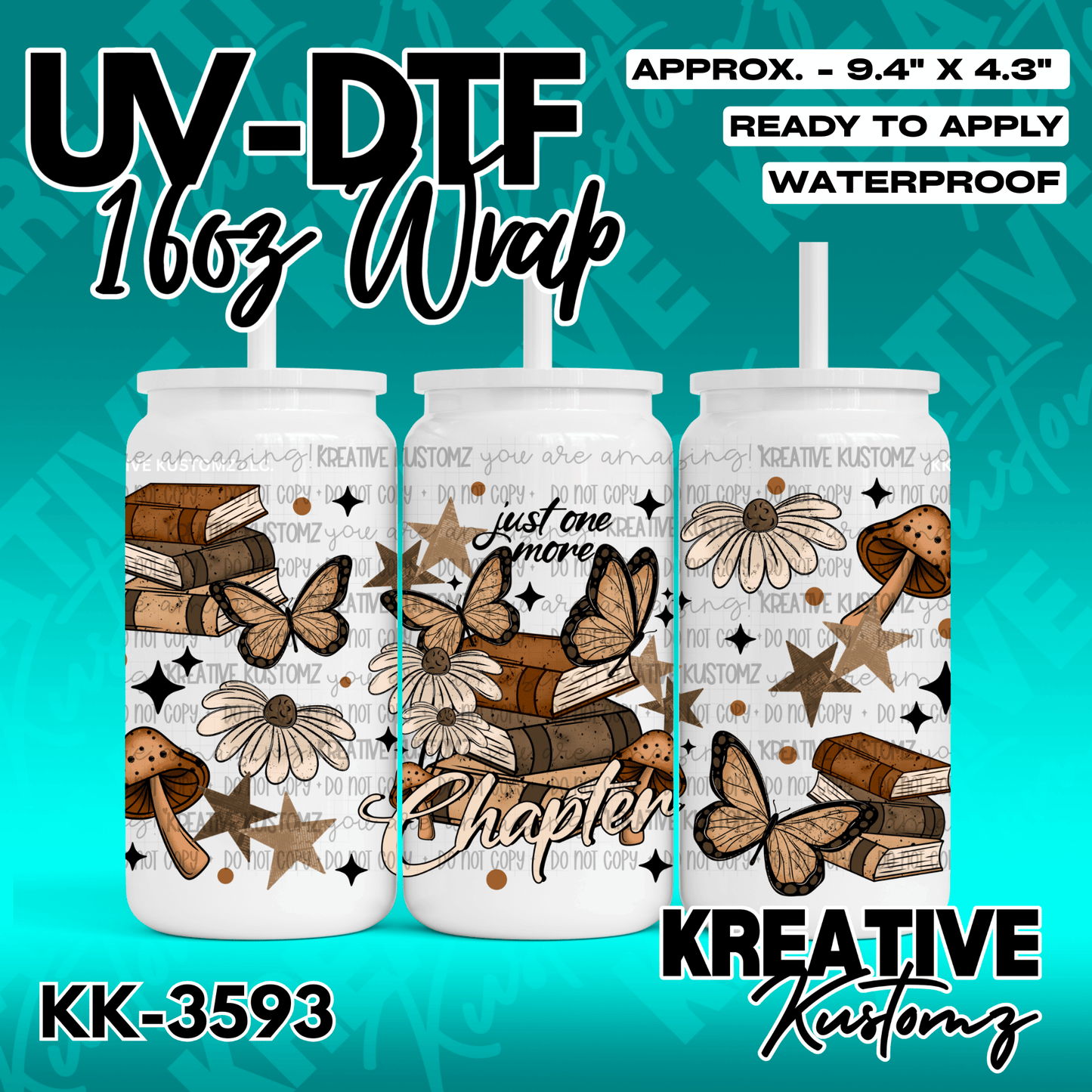 A UV DTF adhesive wrap for 16oz glass cans featuring a brown-toned book, butterfly, and floral design.
