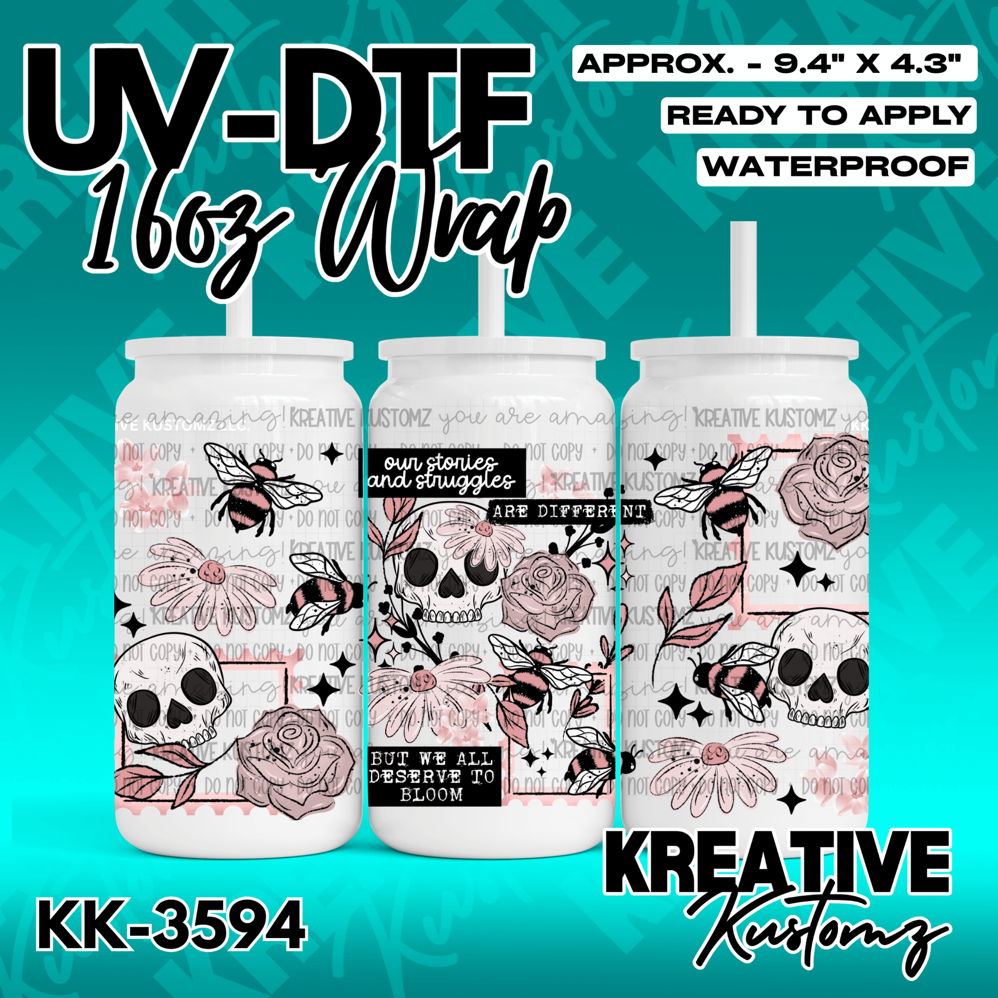 A UV DTF adhesive wrap for 16oz glass cans featuring a floral, skull, and bee design.