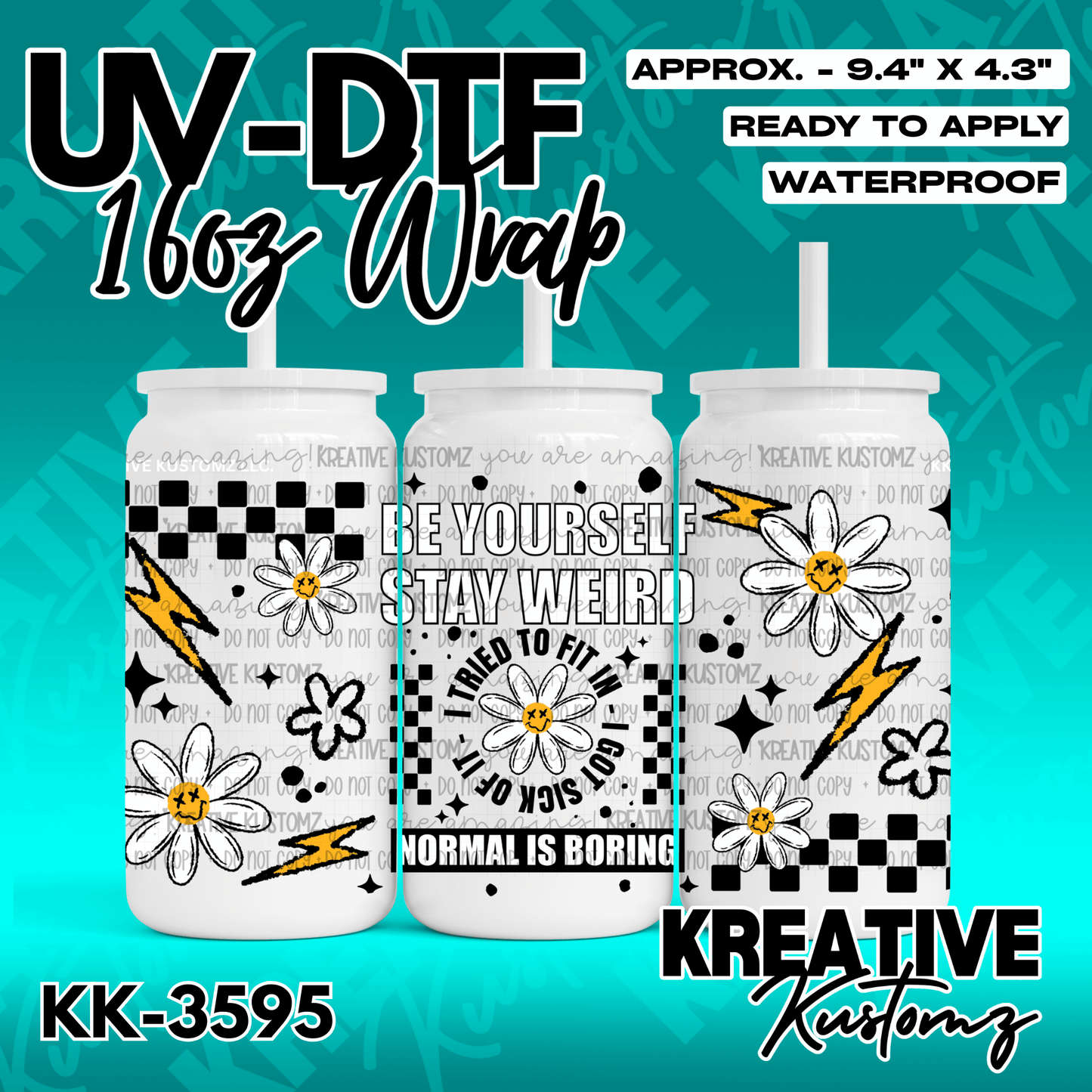 A floral UV DTF adhesive wrap for 16oz glass cans featuring daisies, lightning bolts, and text.