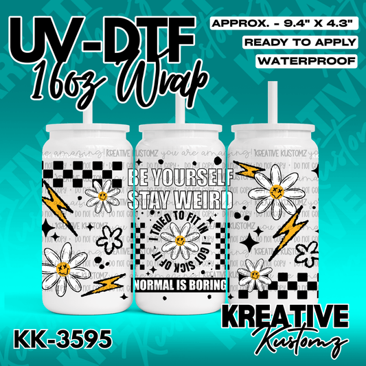 A floral UV DTF adhesive wrap for 16oz glass cans featuring daisies, lightning bolts, and text.