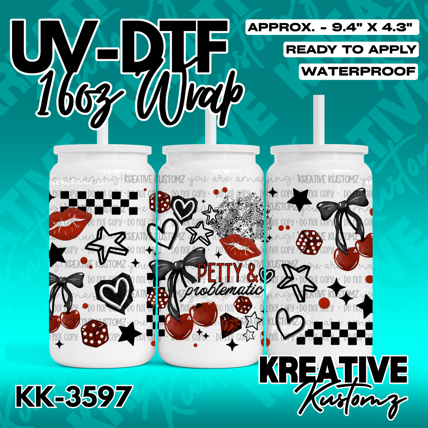 A 16oz glass can wrap featuring a red and black pattern of hearts, cherries, dice, and bows.