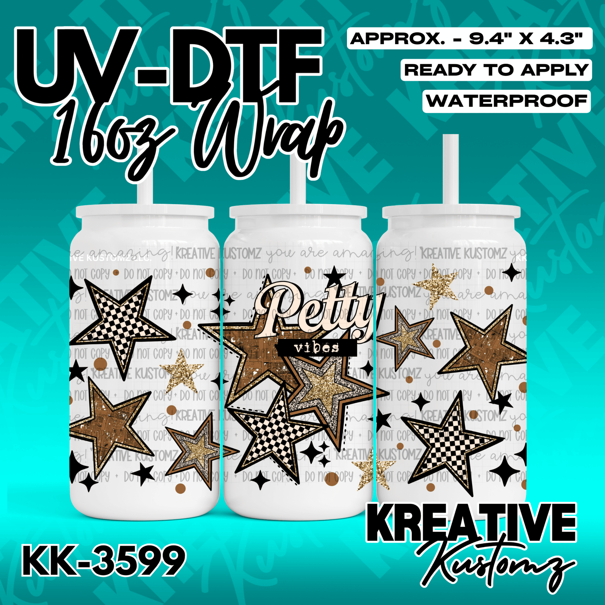A UV DTF adhesive wrap for a 16oz glass cup featuring a design of brown and checkered stars.