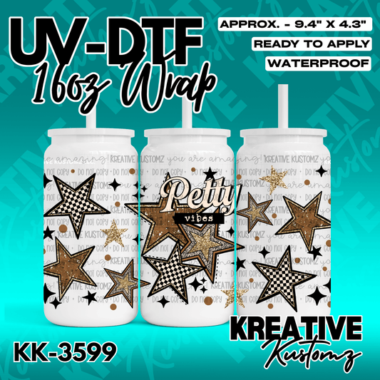 A UV DTF adhesive wrap for a 16oz glass cup featuring a design of brown and checkered stars.