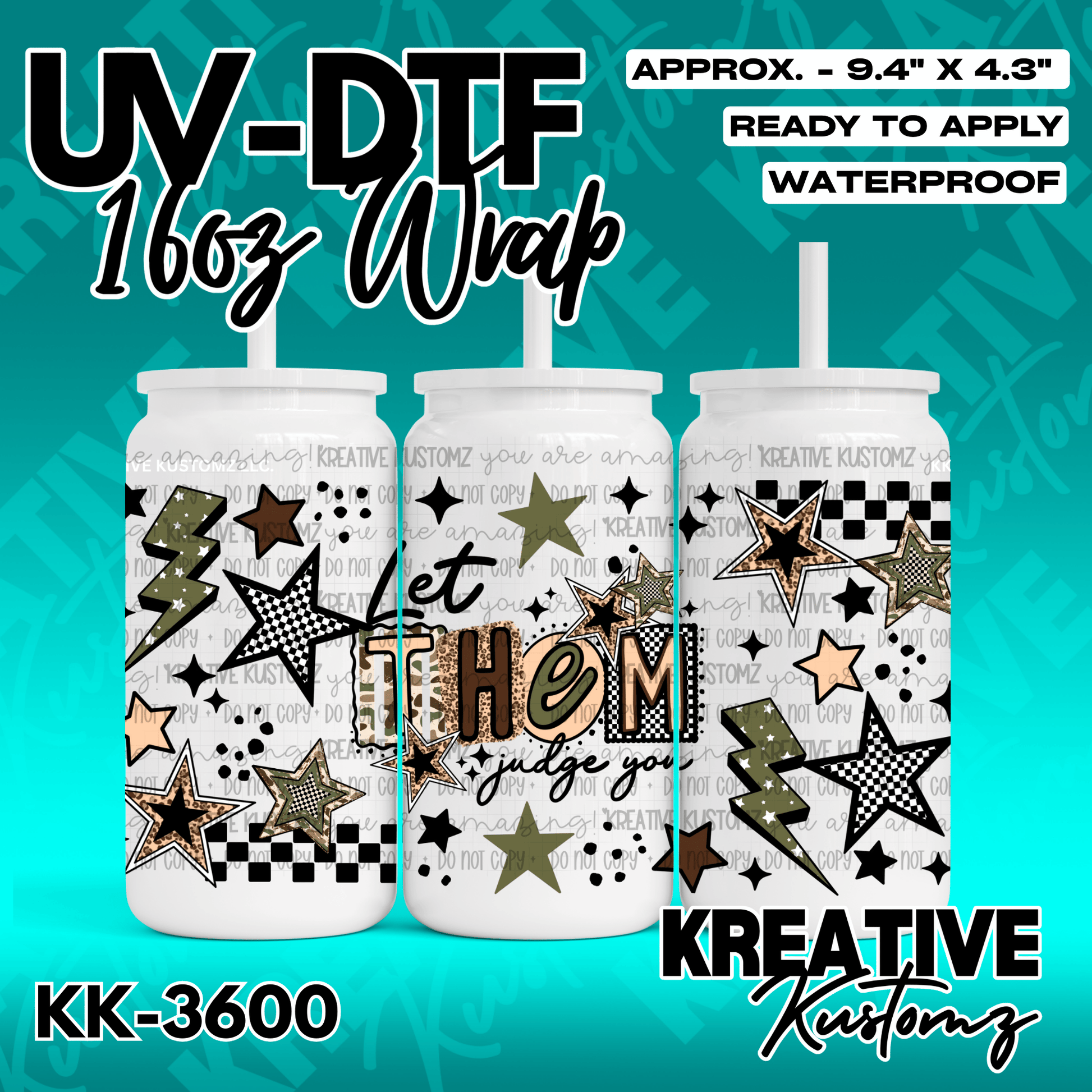 A UV DTF adhesive wrap for 16oz glass cans featuring stars, lightning bolts, and text.