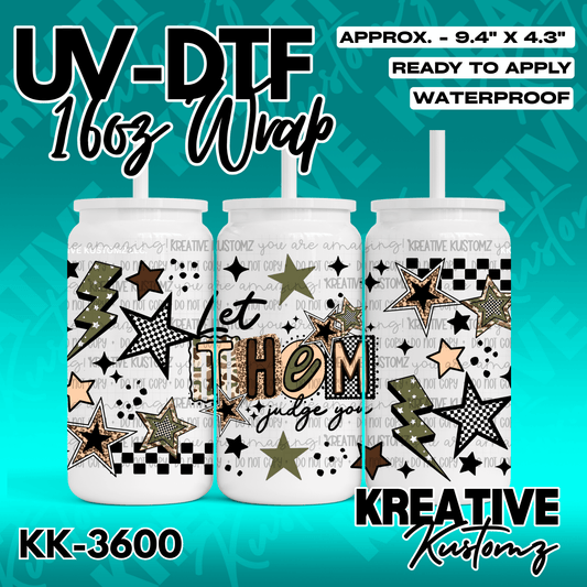 A UV DTF adhesive wrap for 16oz glass cans featuring stars, lightning bolts, and text.