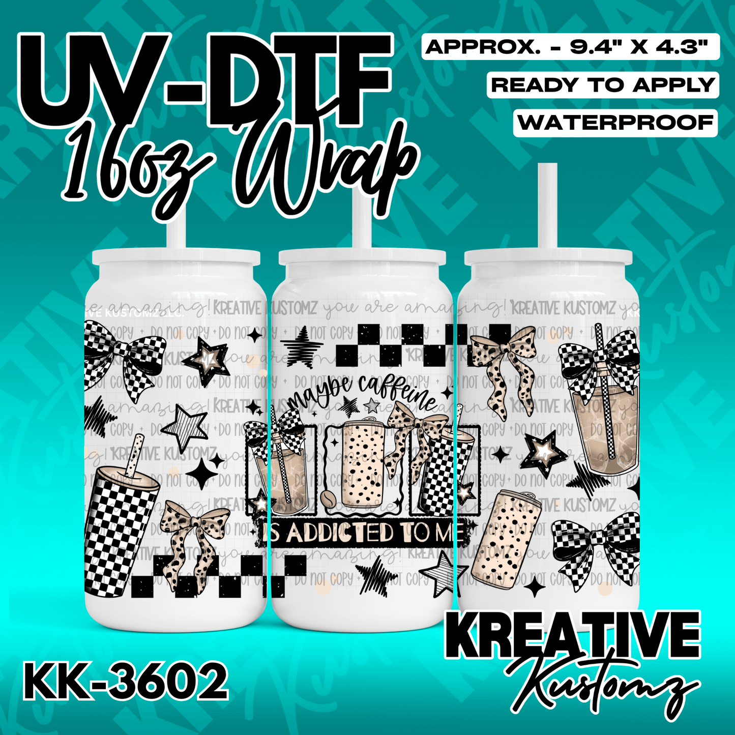 A UV DTF cup wrap featuring a coffee-themed pattern with bows, stars, and checkered designs.