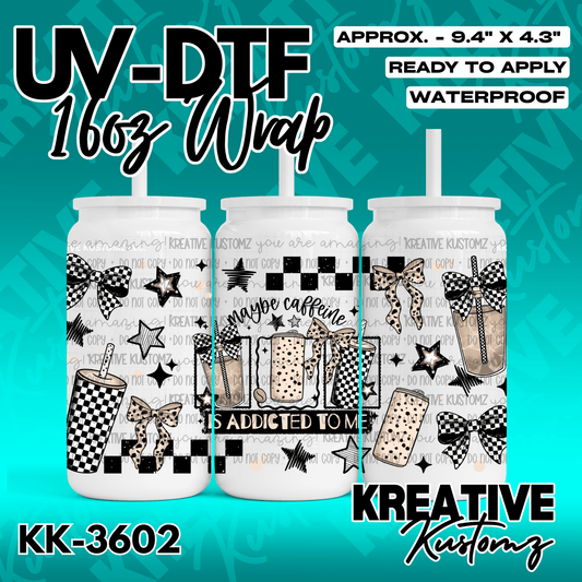 A UV DTF cup wrap featuring a coffee-themed pattern with bows, stars, and checkered designs.