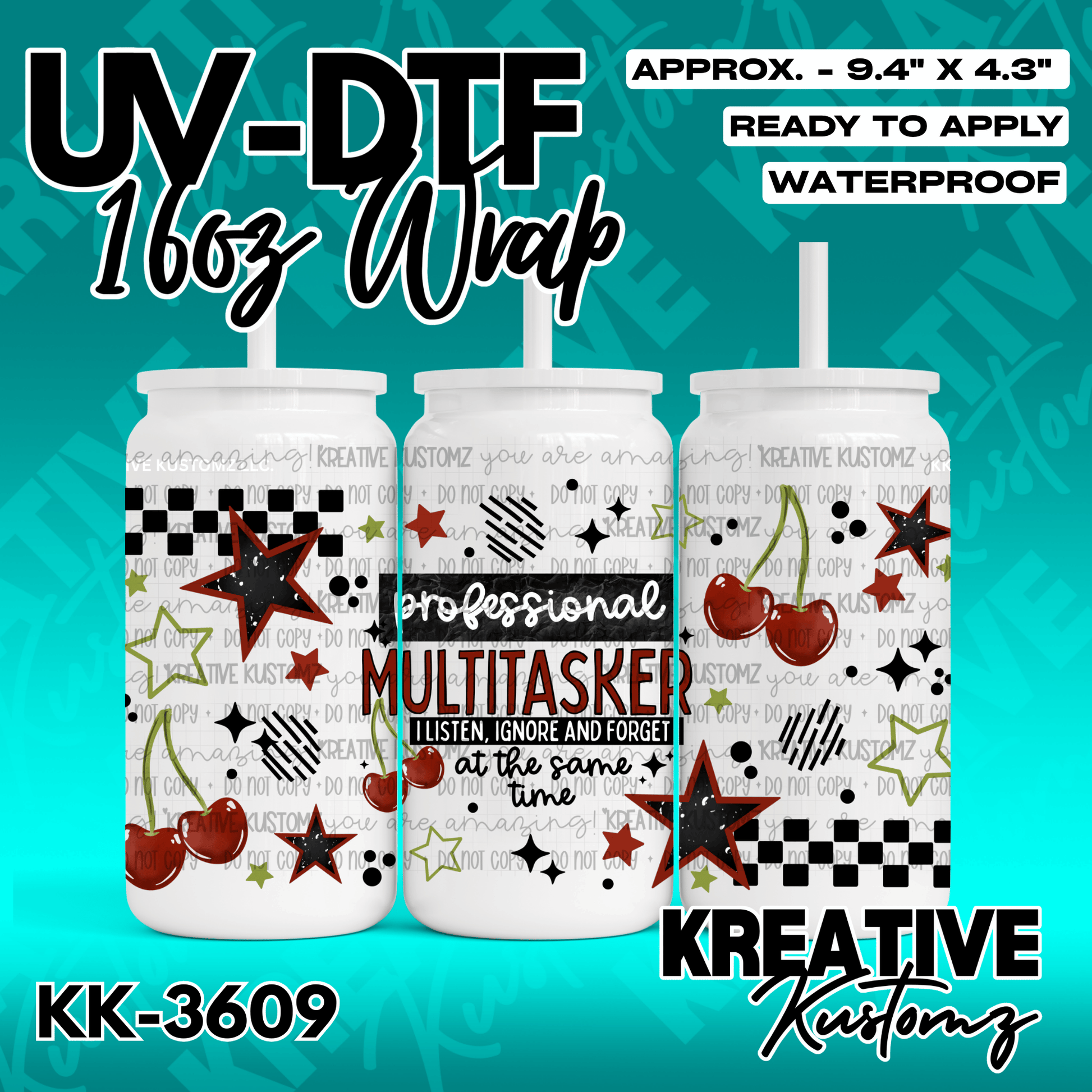 A UV DTF cup wrap featuring cherries, stars, and the text professional multitasker.