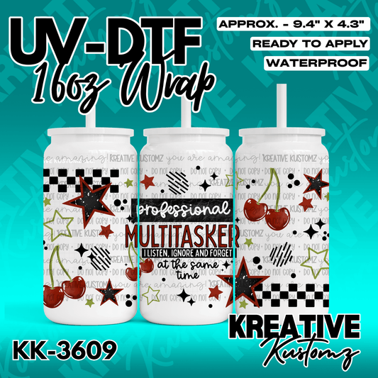 A UV DTF cup wrap featuring cherries, stars, and the text professional multitasker.