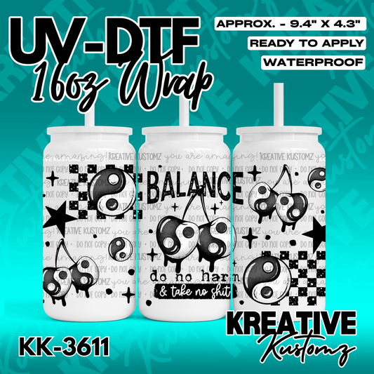A black and white UV DTF cup wrap featuring yin yang cherries, stars, and checkerboard patterns.