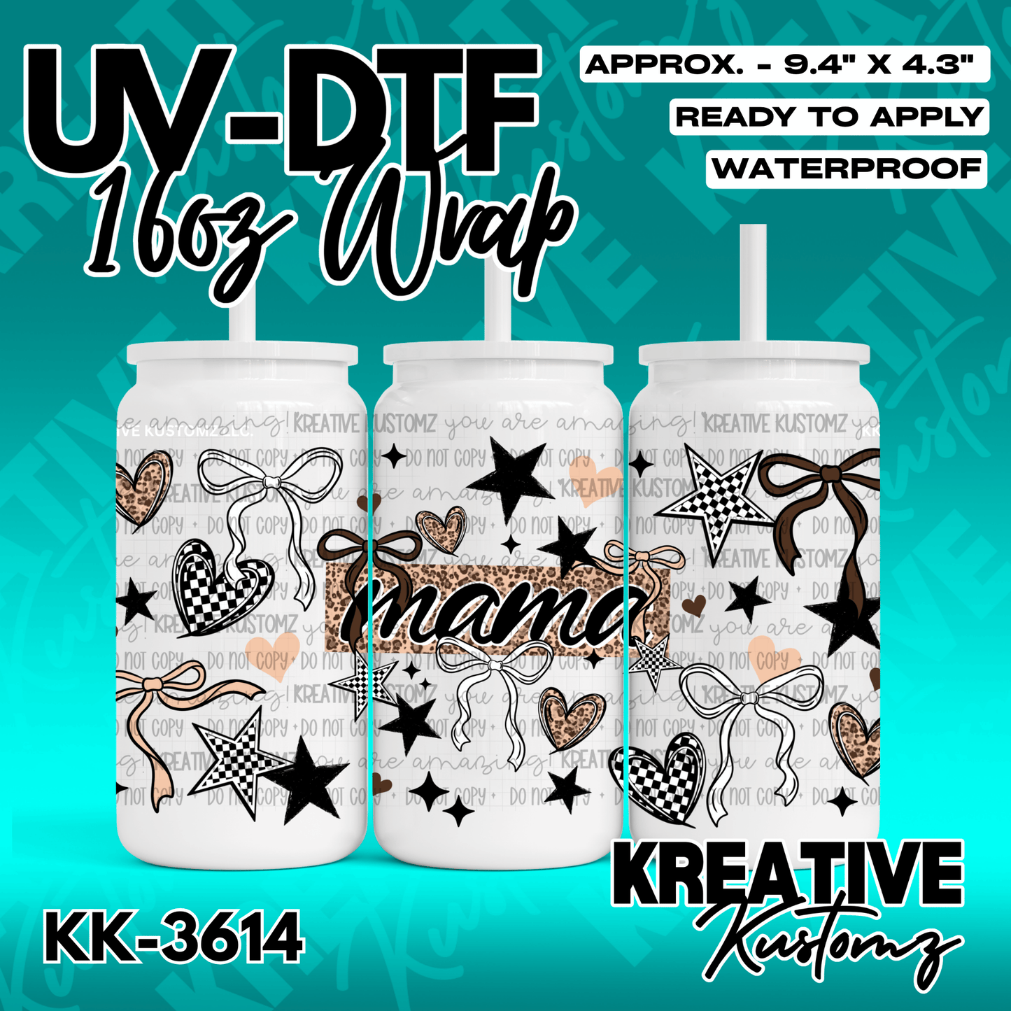 A UV DTF cup wrap featuring a pattern of bows, hearts, and stars on a white background.