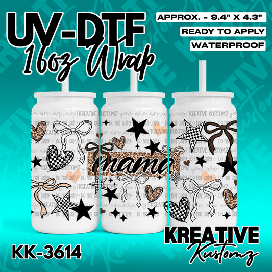 A UV DTF cup wrap featuring a pattern of bows, hearts, and stars on a white background.