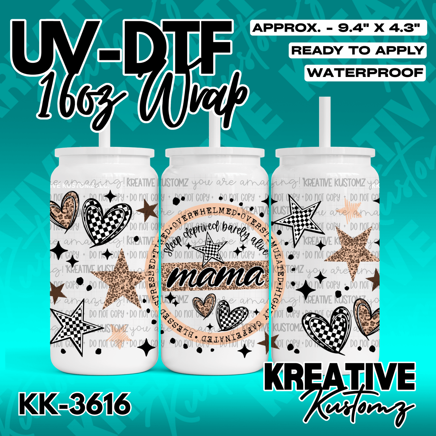 A UV DTF cup wrap featuring a mama theme with leopard print, checkered hearts, and stars.