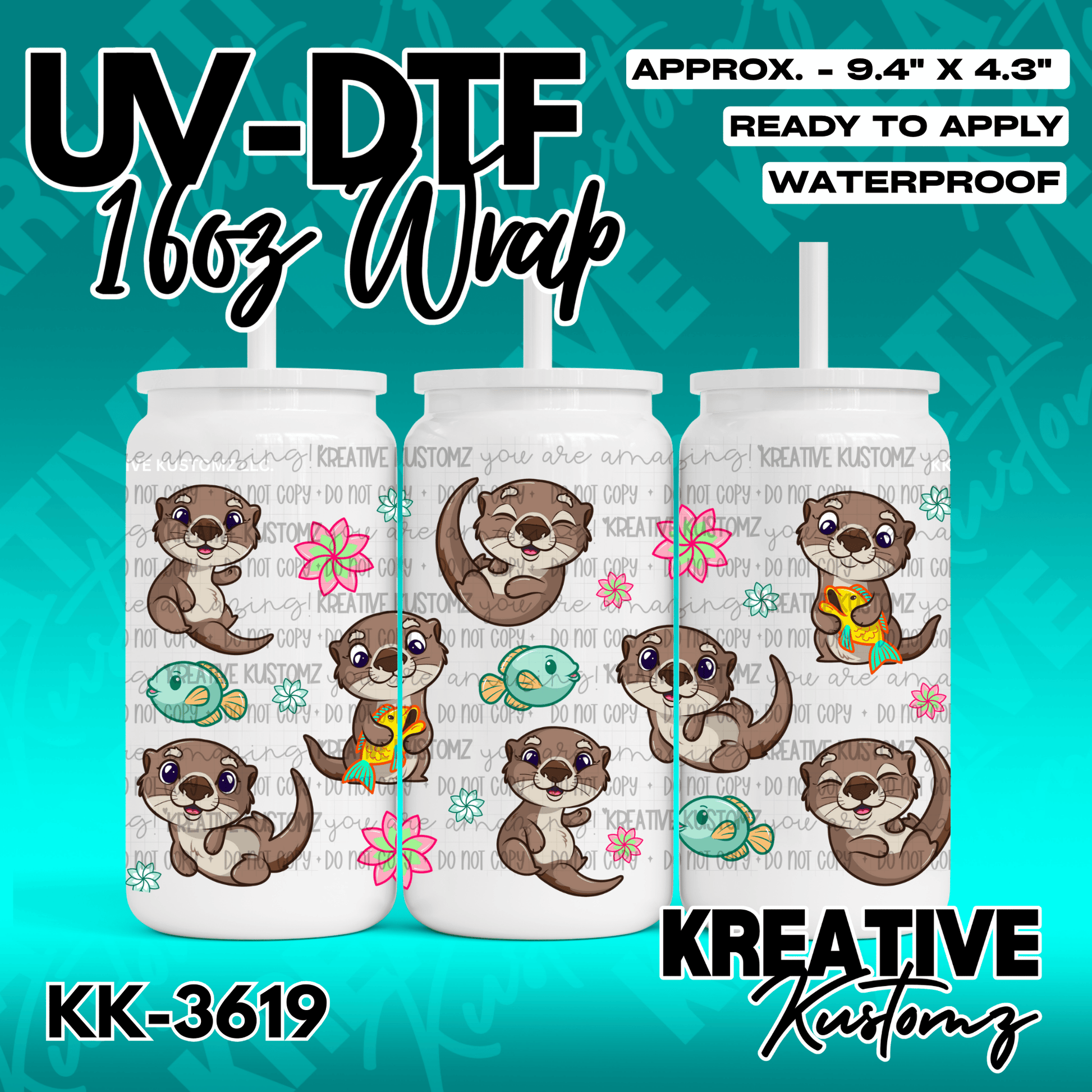 A UV DTF adhesive wrap for a 16oz glass cup featuring a pattern of cute otters, fish, and flowers.