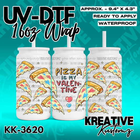A pizza-themed adhesive wrap for a 16-ounce glass can featuring slices and hearts.