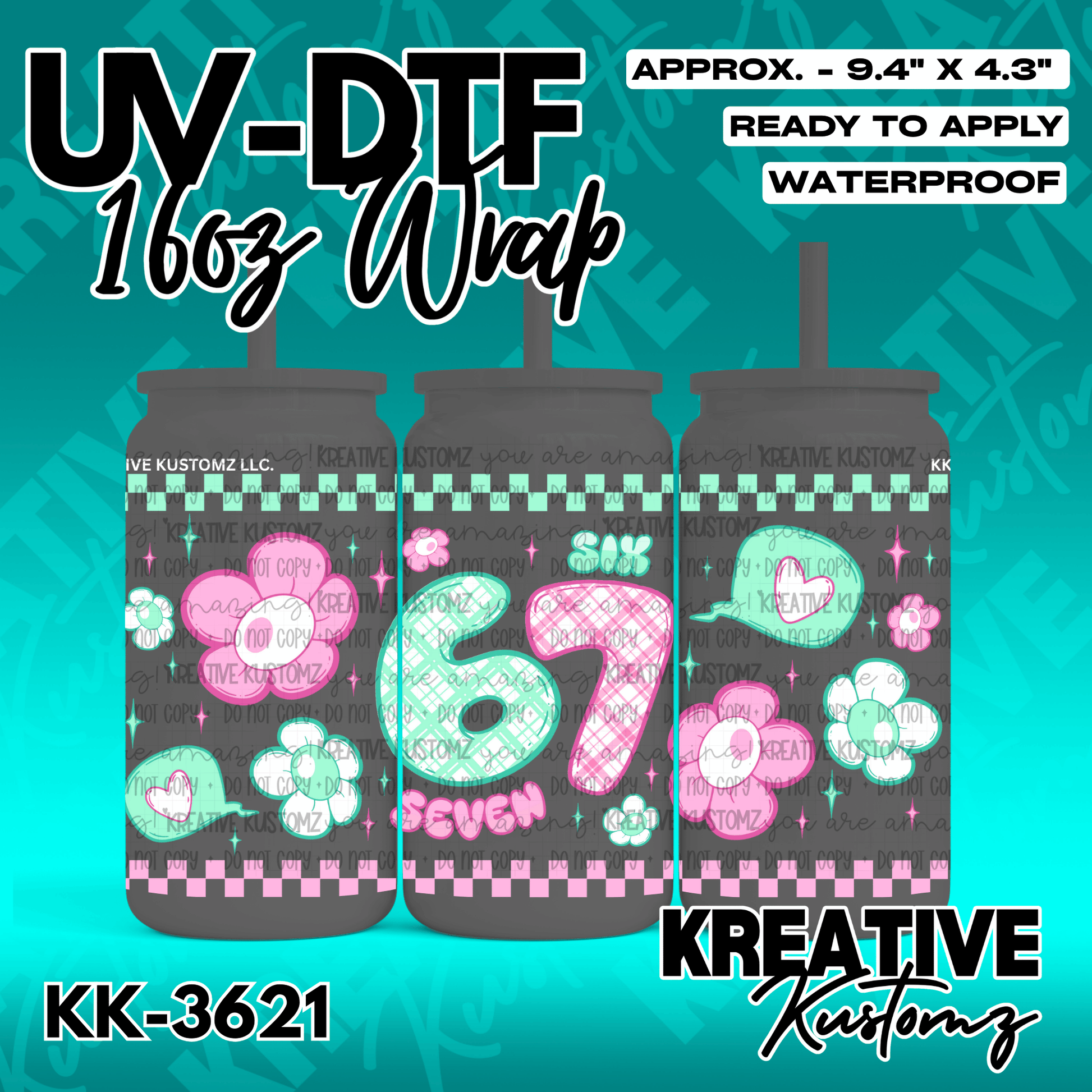 A vibrant UV DTF adhesive wrap for 16oz glass cans featuring a floral design and the number 67.
